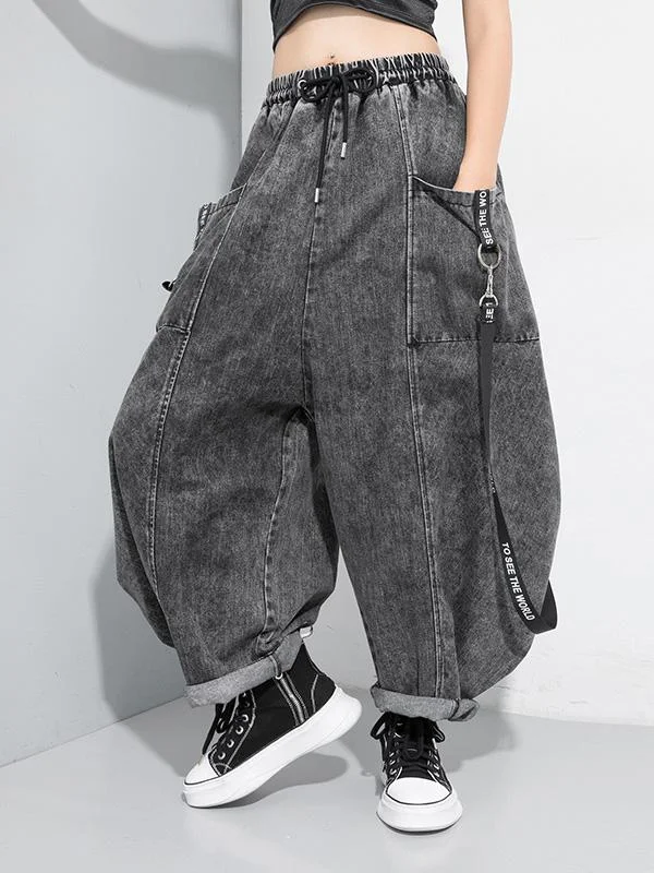 Roomy Stitching Ribbed Jean Wide Leg Pants