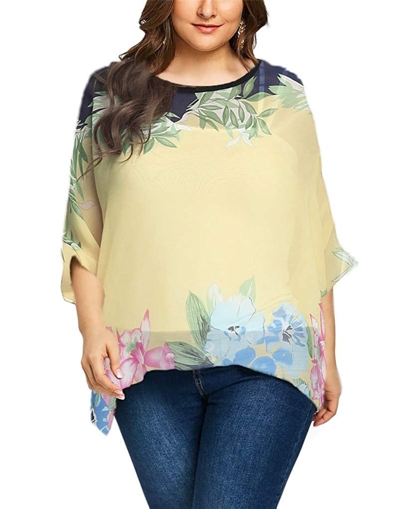 Womens Casual Loose Floral Top Batwing Sleeve Chiffon Blouse Shirt Summer Tops