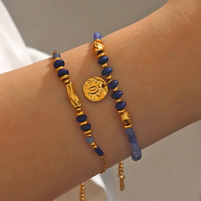 Vintage Style French Style Streetwear Round 304 Stainless Steel 18K Gold Plated Lapis Lazuli Natural Stone Bracelet In Bulk