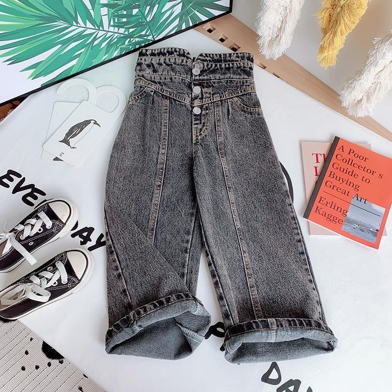 Fashion Baby Girl Jean Pant Cotton Wide Leg Toddler Teen Child Denim Trousers High Waist Button Girl Loose Pant Clothes 2-14Y