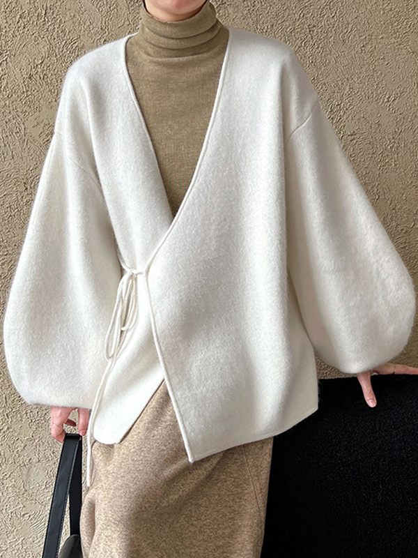 V Neck Lace-Up Wool Coat