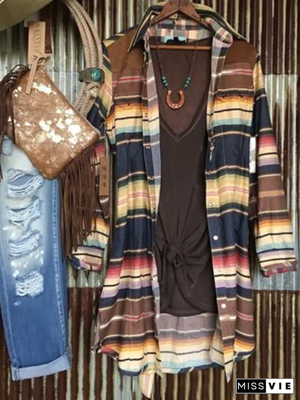 Brown Casual Shirt Collar Shift Long Sleeve Knit coat