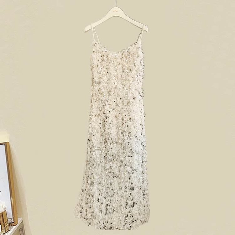 Chic V-neck Long Glitter Sequin Fuzzy Slip Dress - Modakawa modakawa
