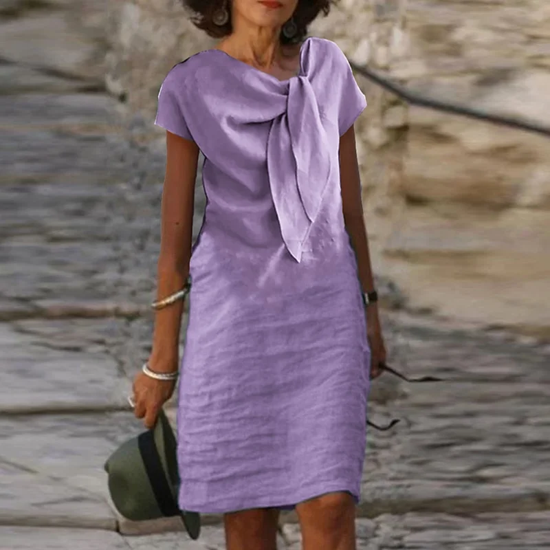 Billionm Female Slim A Line Dress Elegant Women Cotton Linen Solid Color Mini Dress 2023 Summer Short Sleeve Lace-Up Bow Fold Dress