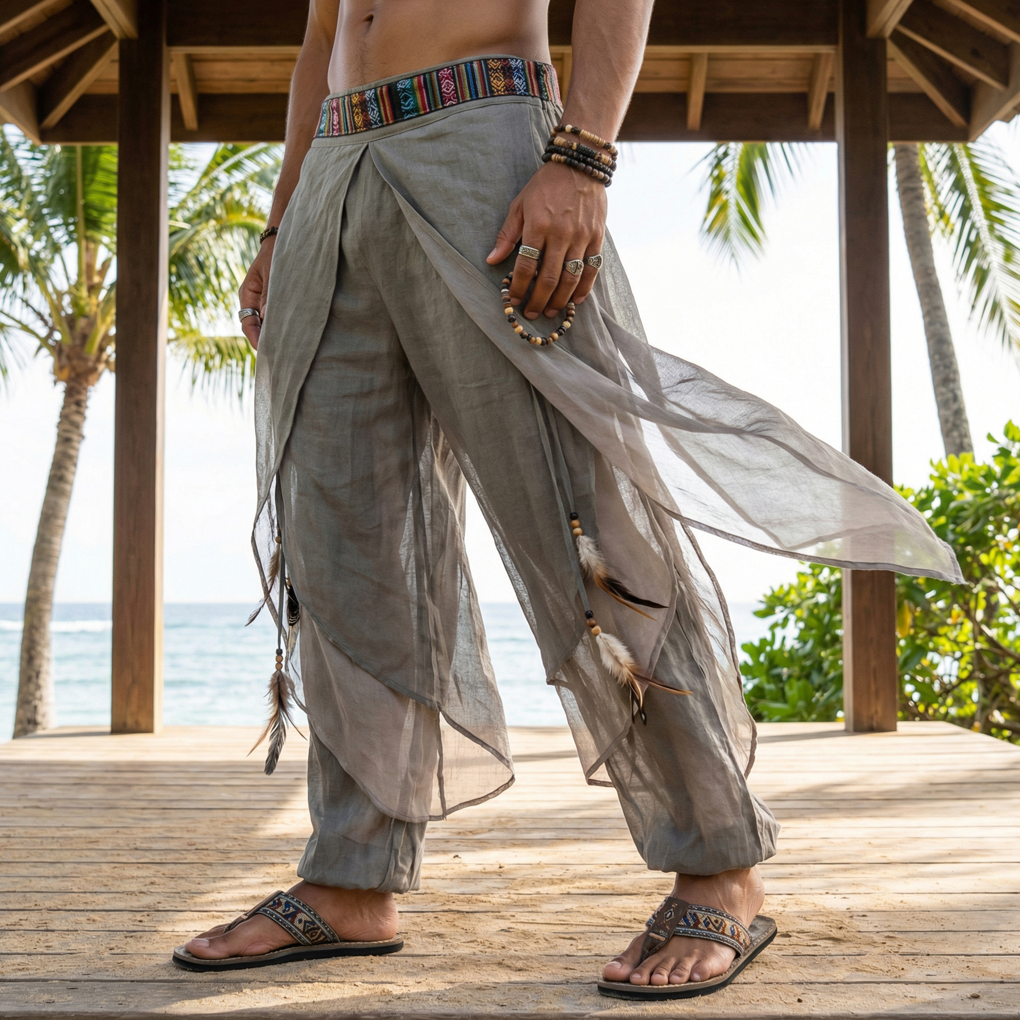 thesupersurf Men's Loose-fitting, Multi-layered, Feather-trimmed, Ethnic-style Linen Trousers For Beach Holidays And Leisure. 