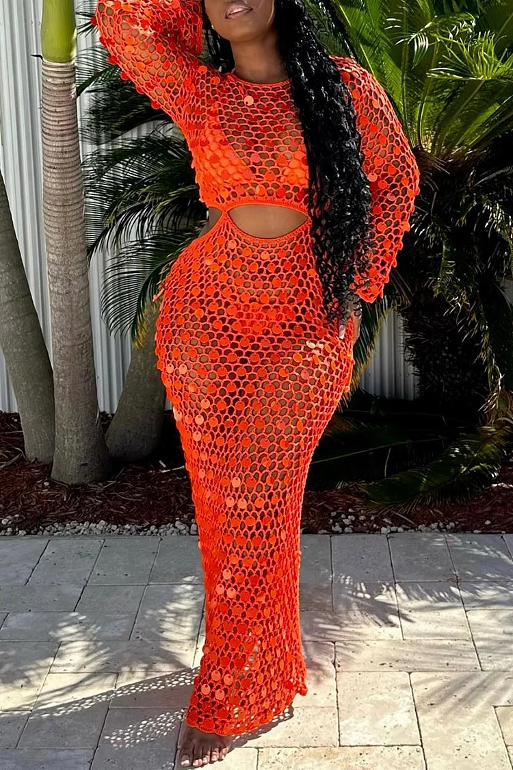 Plus Size Orange Casual See-through Hand Made Summer Crochet Maxi Dress