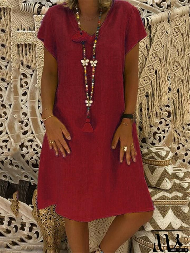MidiSono - Women's Cozy Short Sleeve Midi Length Shift Dress