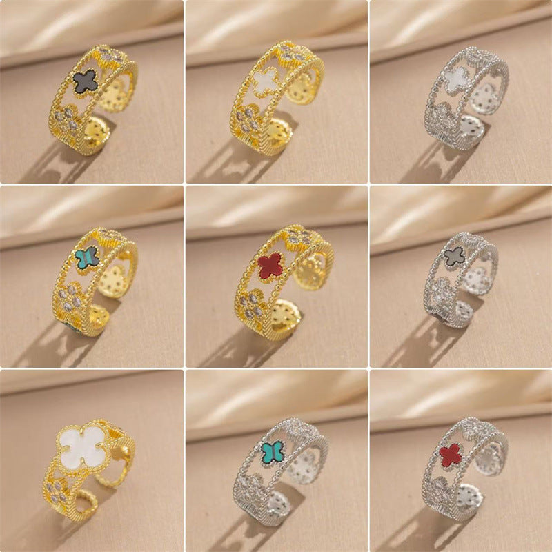 Ring Niche Four-Leaf Clover Zircon Ring Female Retro Open Adjustable Ring