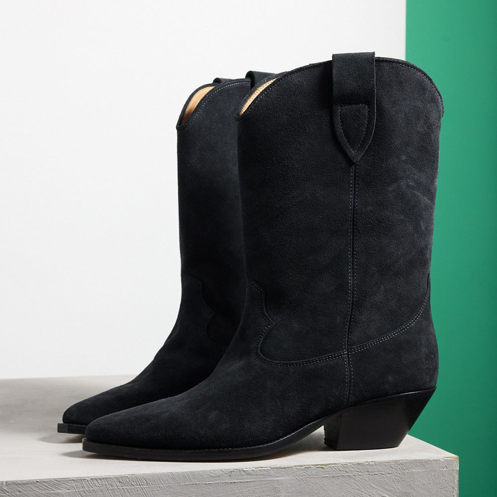 Black Vegan Suede Snip Toe Chunky Heel Cowgirl Booties Nicepairs