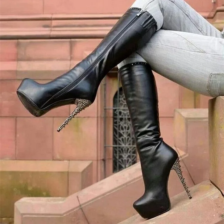 Black Closed Toe Rivets High Heel Below-The-Knee Platform Boots |FSJ Shoes