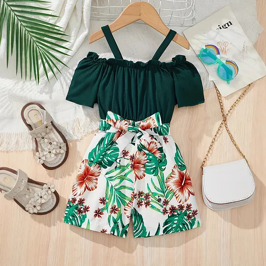 【1Y-8Y】2-piece Girls Green Floral Jumpsuit