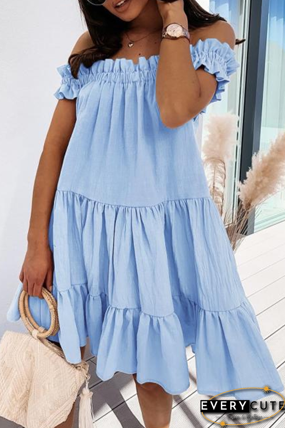 Sweet Solid Patchwork Flounce Off The Shoulder Cake Skirt Dresses(5 Colors)