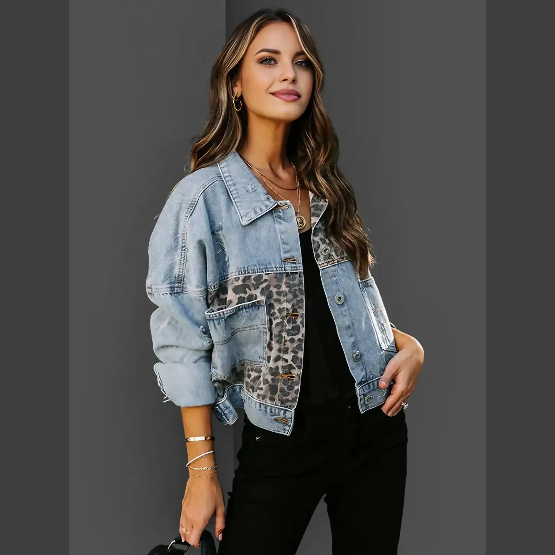 Women's Leopard Print Denim Jacket &ndash; Structured Statement Layer
