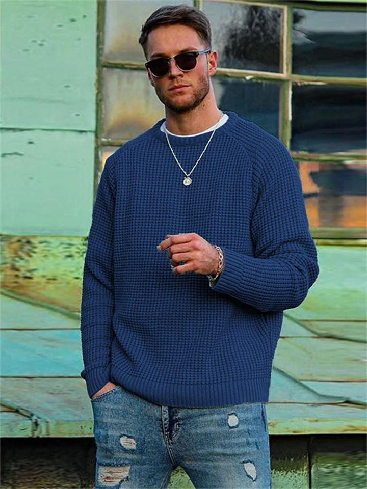Men's Sweater Sports Loose Plaid Plunge Sleeve Sweater Round Neck Pullover Casual Long Sleeve Men's Knitwear-Cosfine