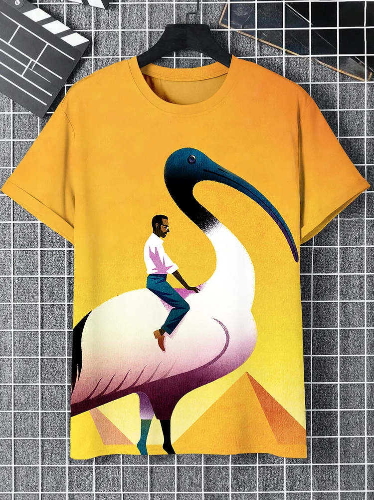 Men's Cartoon Art Black Man and Bird Print Casual T-Shirt