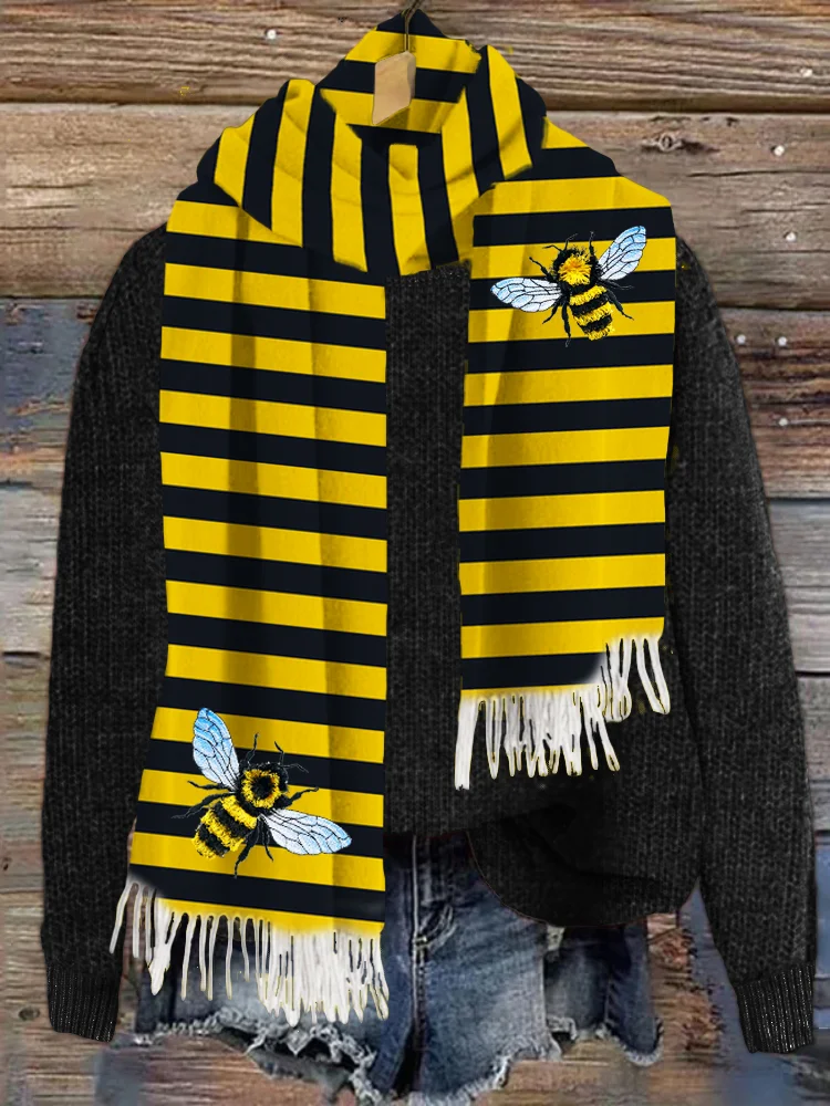Comstylish Fringed Bee Insect Pattern Striped Cozy Scarf
