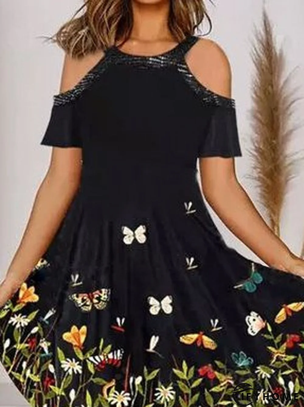 Bateau/Boat Neck Holiday Cotton Short Sleeve Knitting Dress | IFYHOME