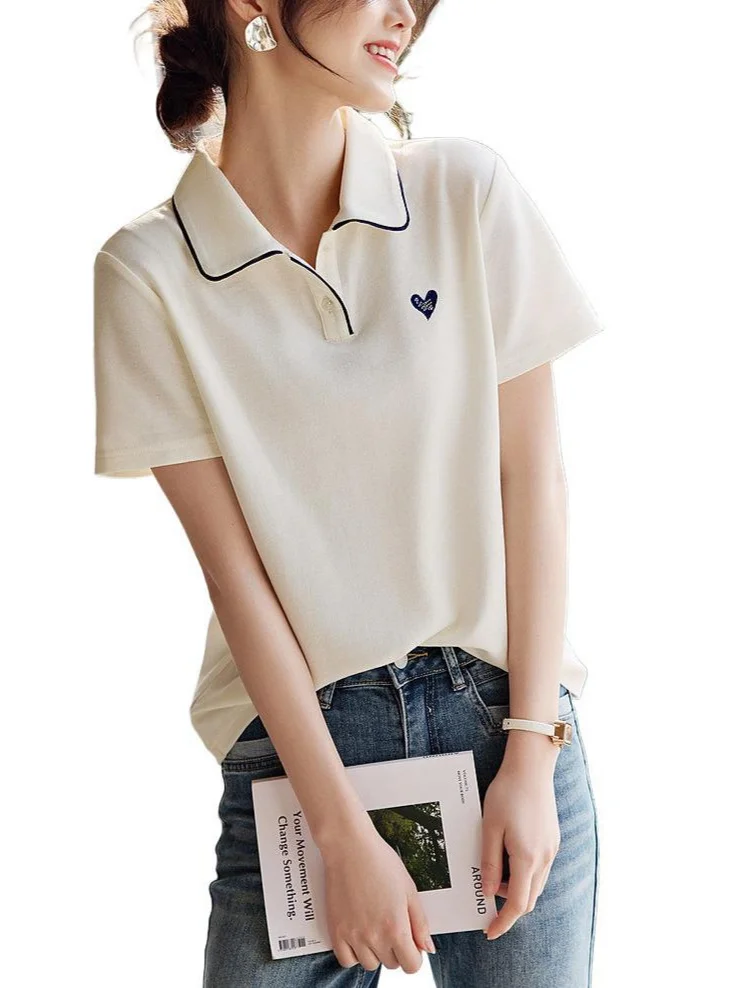 Athvotar Athvotar With Short-Sleeved T-Shirt Women 2025 Summer New Love Embroidery Collar Casual Slim Polo Shirt