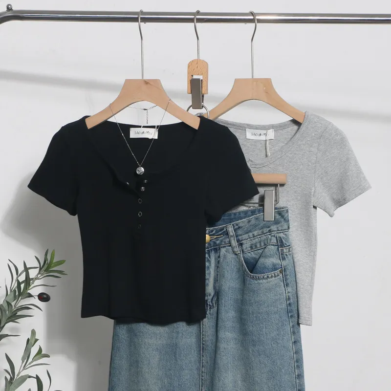 Uveng Explosion Recommended Spice Girls Shoulder Short Sleeve T-Shirt Girl Summer Body Tight Short Buckle Buckle Coat 6657