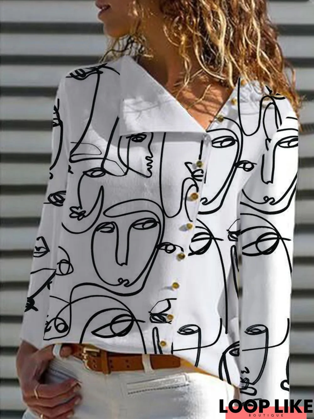 Casual Abstract Asymmetrical Loose Long Sleeve Blouse