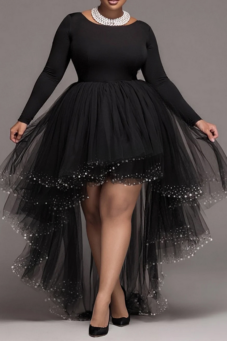 Xpluswear Design Plus Size Party Black Round Neck Long Sleeve High Low Hem Elegant Ruffle Tulle Mini Dresses [Pre-Order]