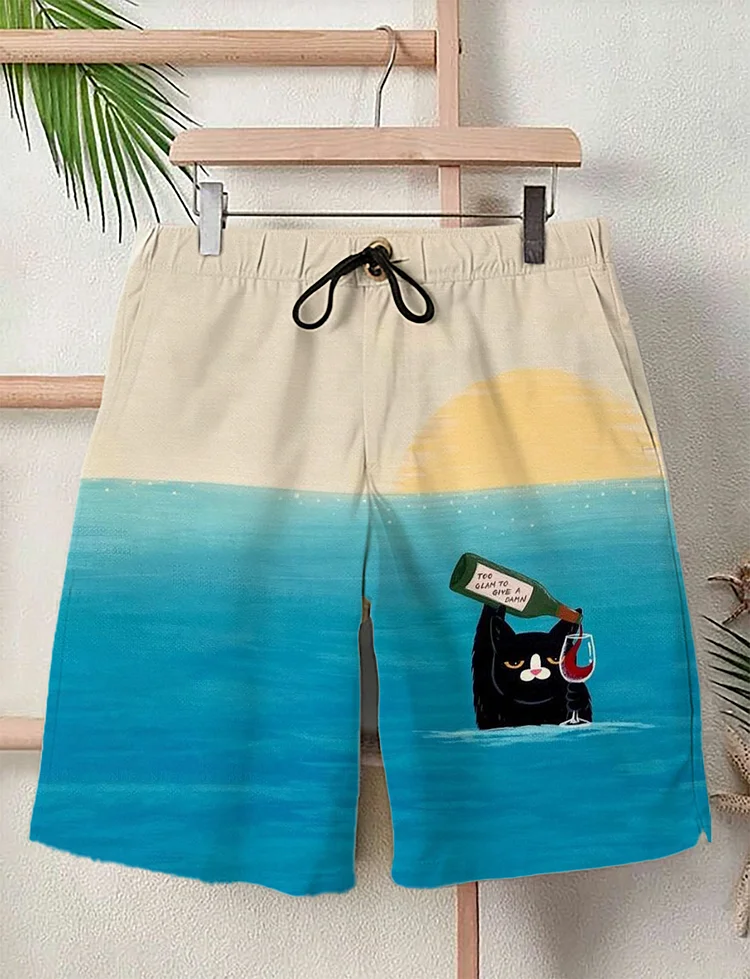 Men's Black Cat With Red Wine Graphic Print Shorts
