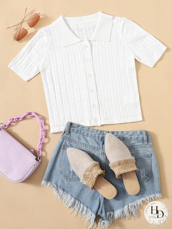 Button Placket Pointelle Knit Cardigan
