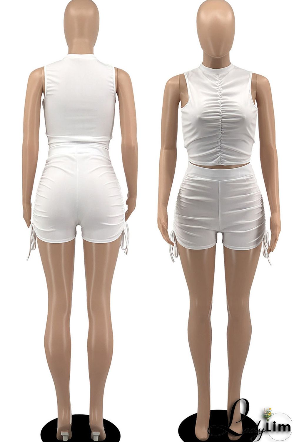 White Sexy Solid Bandage Split Joint Fold O Neck Sleeveless Two Pieces