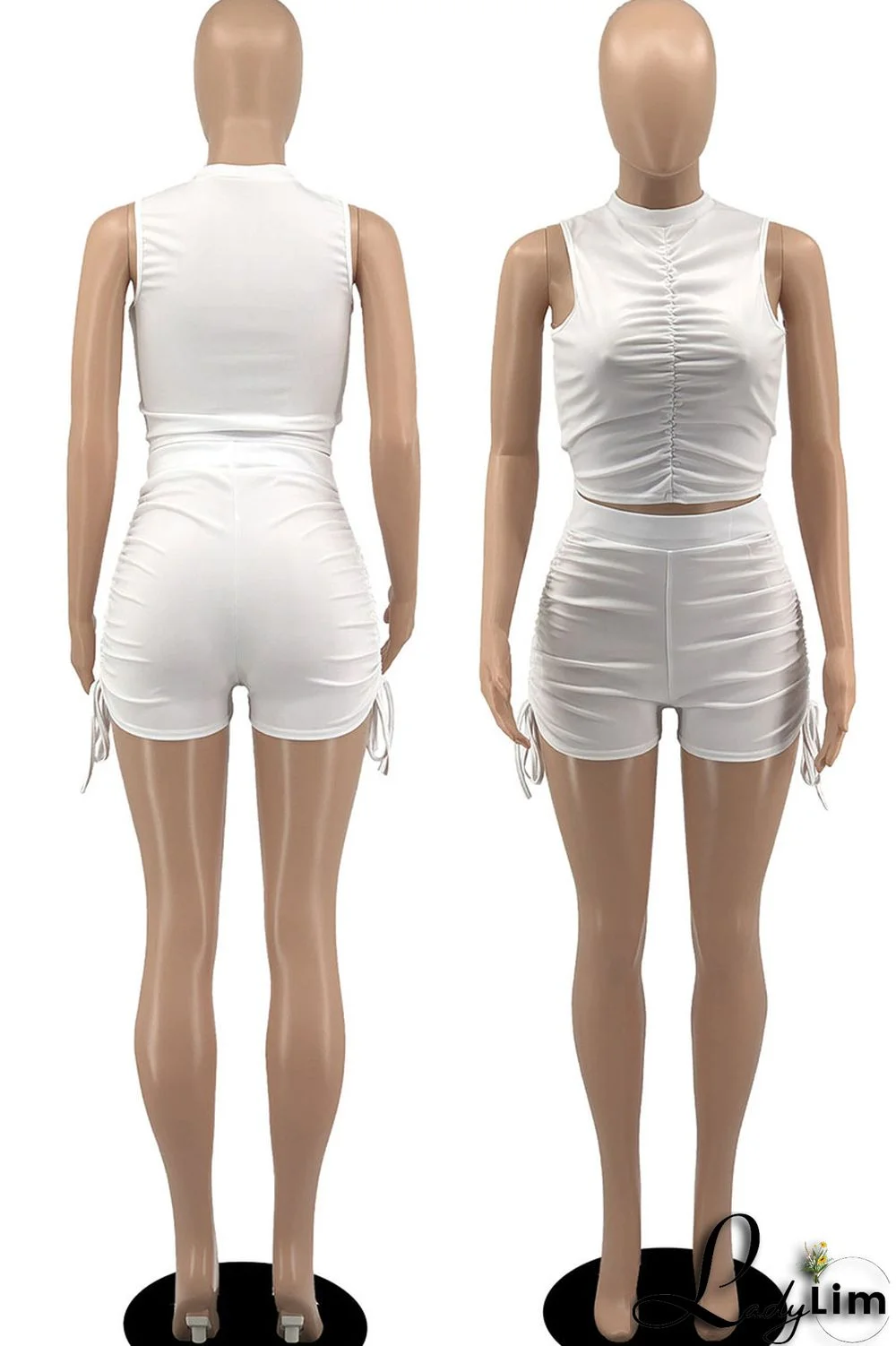 White Sexy Solid Bandage Split Joint Fold O Neck Sleeveless Two Pieces