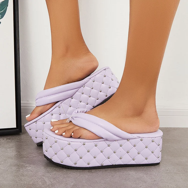 Rivet Solid Color Slippers Platform Heel Flip Flops Sandals