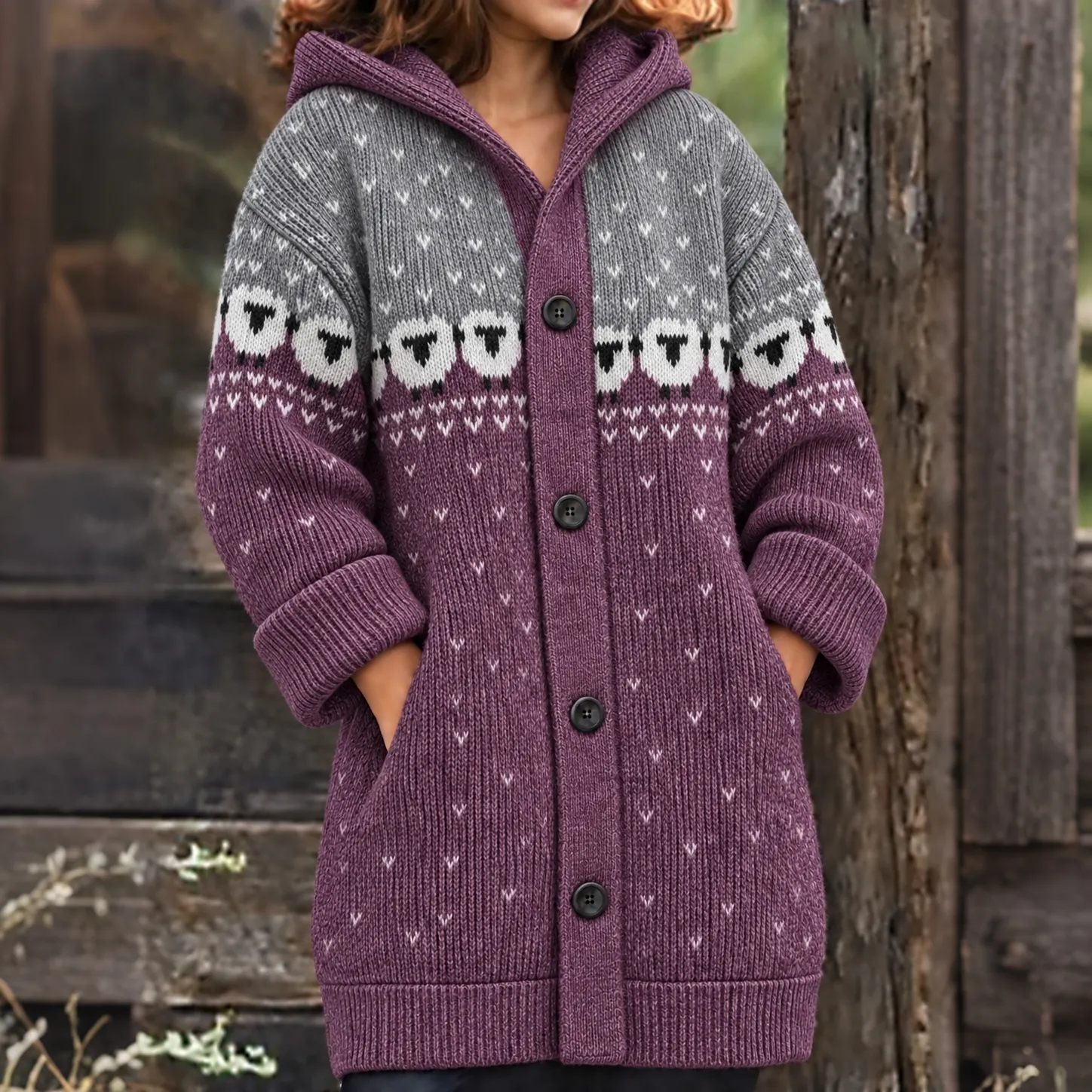 Comstylish Women's Vintage Sheep Jacquard Knit Cardigan