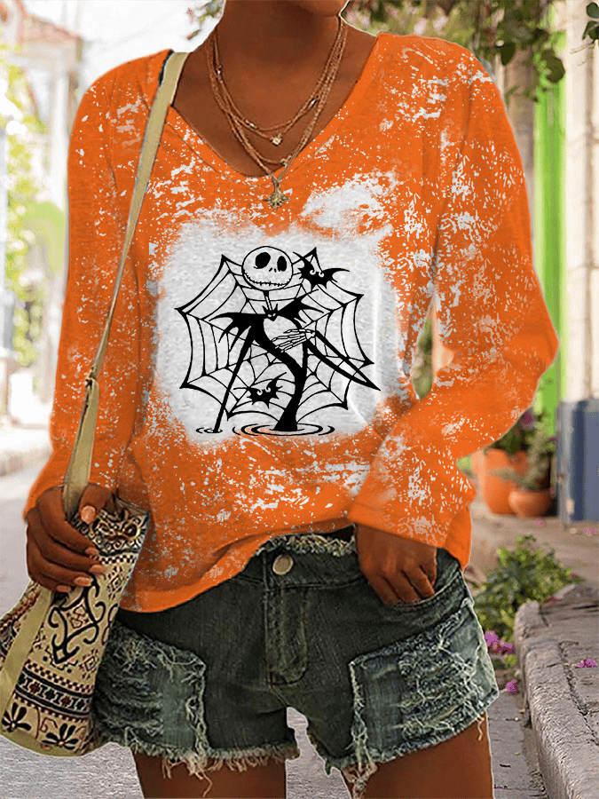 Women's Skull Jack Tie Dye Print Long Sleeve V Neck T-Shirt
