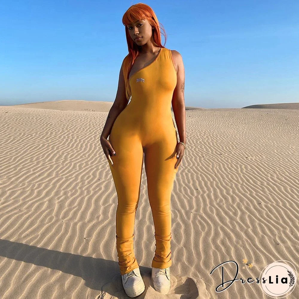 Wild Fashion Jumpsuit Women Letter Print One Shoulder Sleeveless Long Rompers Summer Skinny Party Clothes Clubwear