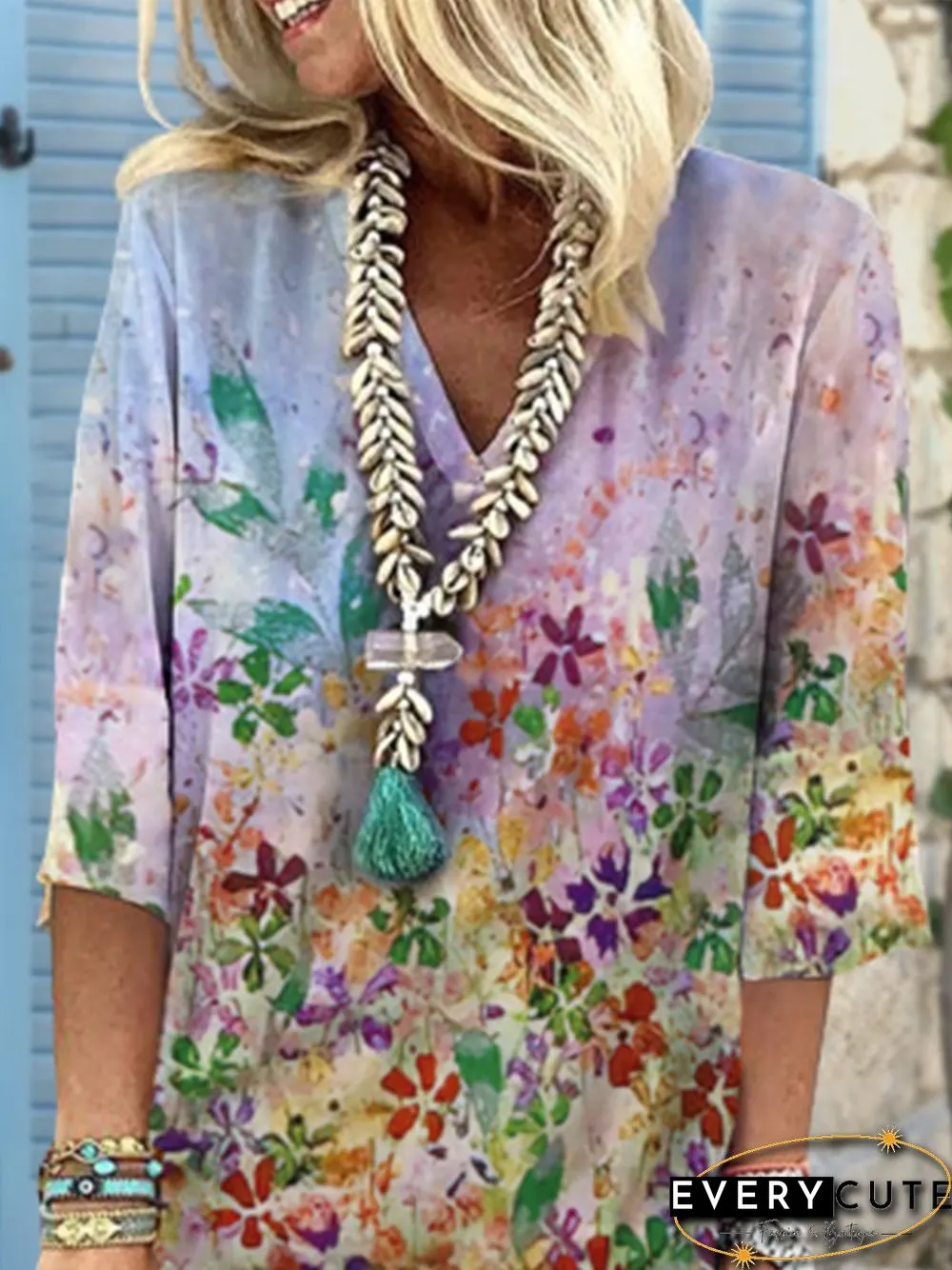 Floral 3/4 Sleeve V Neck Plus Size Casual Dresses