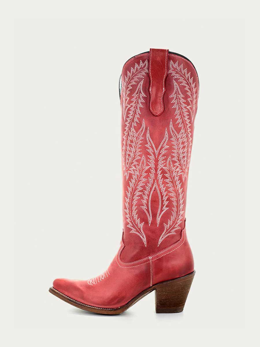 Red Vegan Leather Pointed Toe Knee High Cowgirl Boots With Embroidery Design  