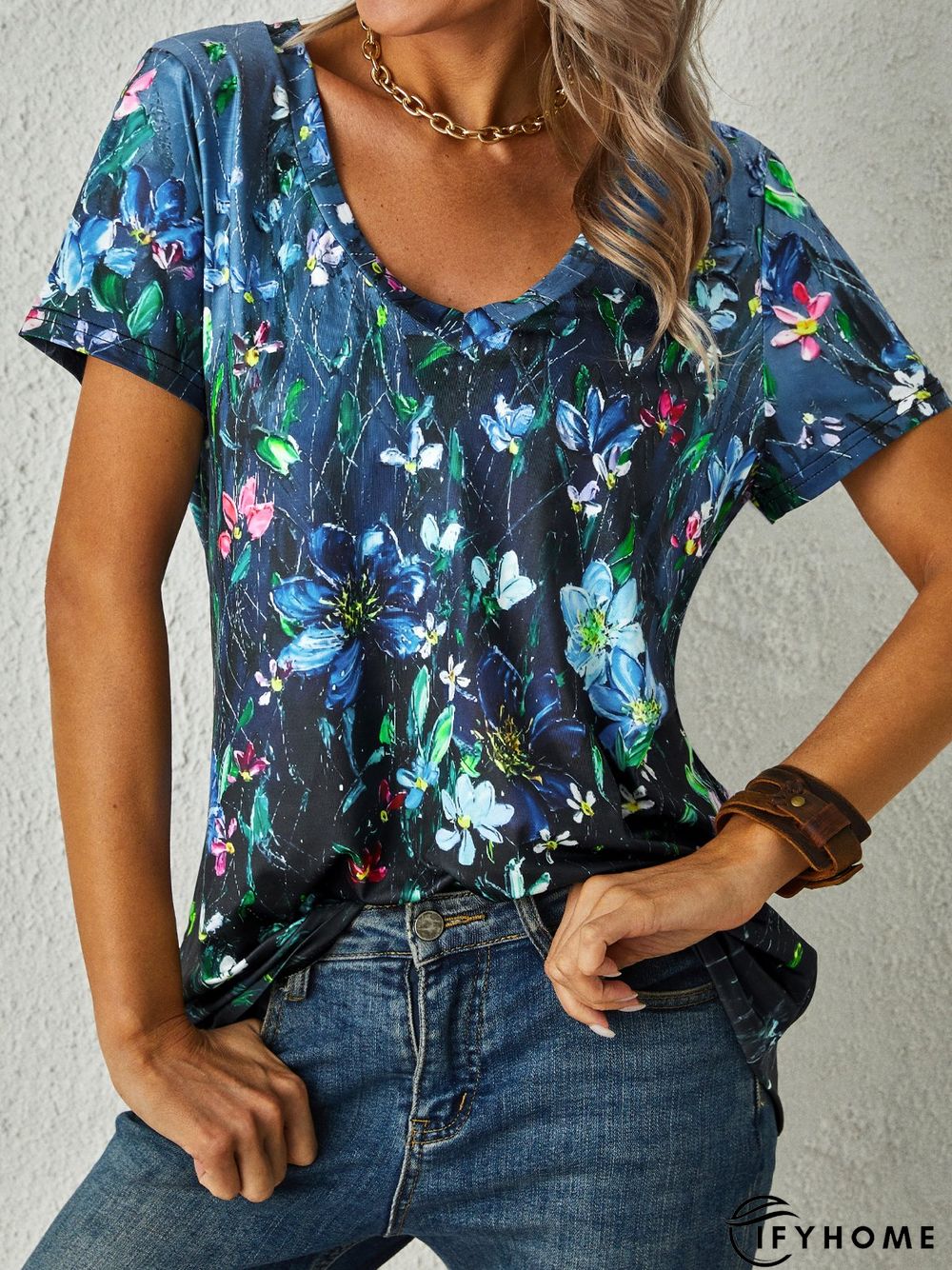 Floral Short Sleeve V Neck Casual T-Shirt | IFYHOME