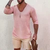 Men's Deep V Neck Breathable Linen Cotton Mid Sleeve T-Shirt by Inlyline