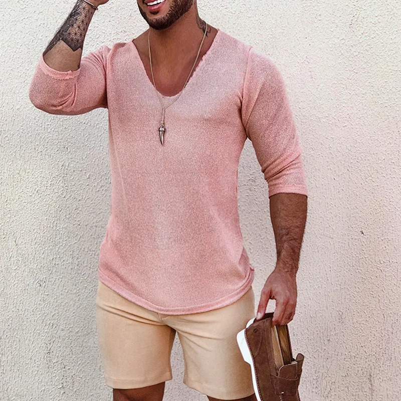 Men's Deep V Neck Breathable Linen Cotton Mid Sleeve T-Shirt、、URBENIE