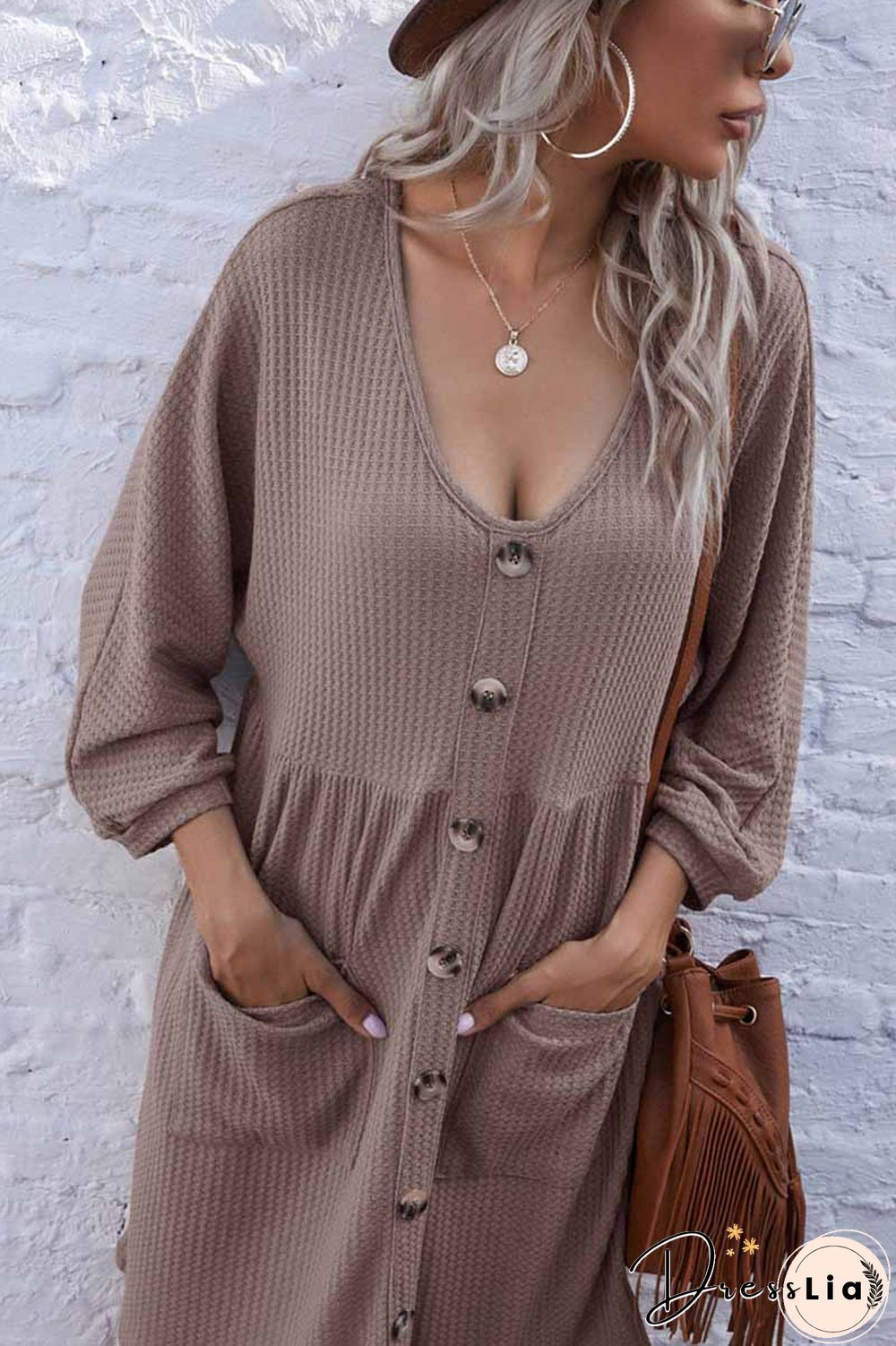 V-Neck Buttoned Loose Knit Hem Mini Dresses