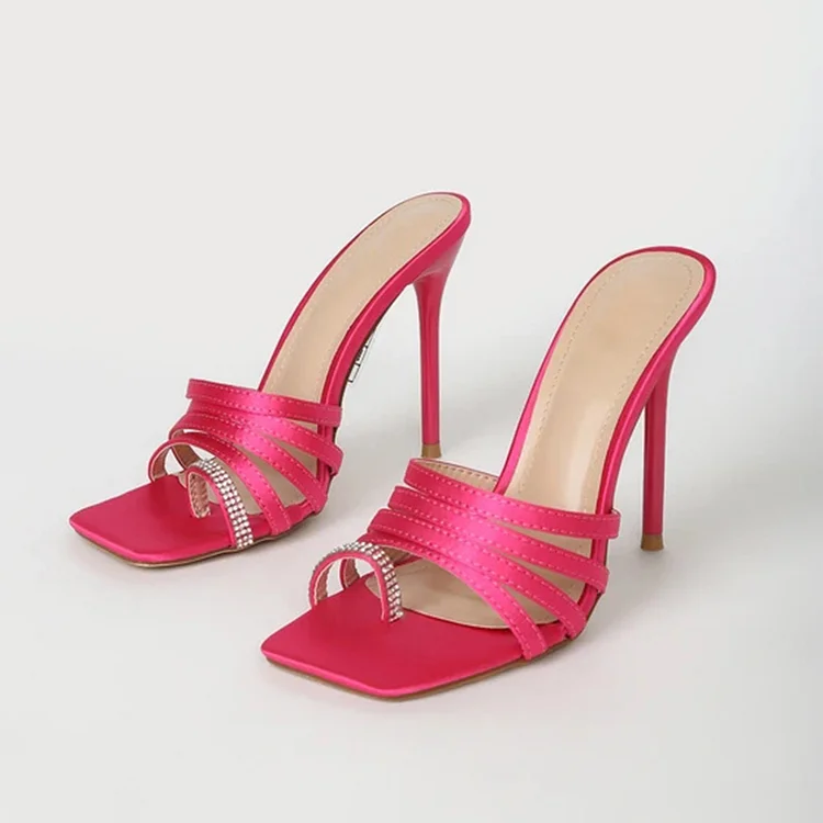 Pink Party Stiletto Heels Square Toe Mules Rhinestones Y2K Sandal Shoes |FSJ Shoes