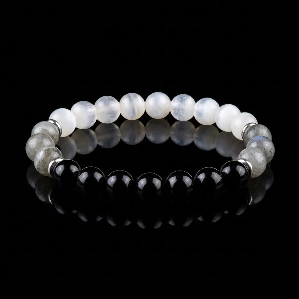 Triple Harmony: Natural Black Agate, Cat Eye & Labradorite Energy Bracelet