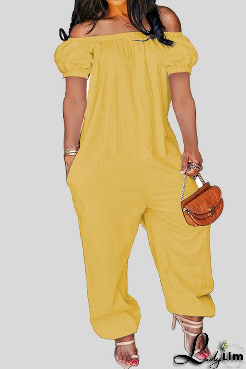 Tangerine Red Casual Solid Patchwork Off the Shoulder Loose Jumpsuits