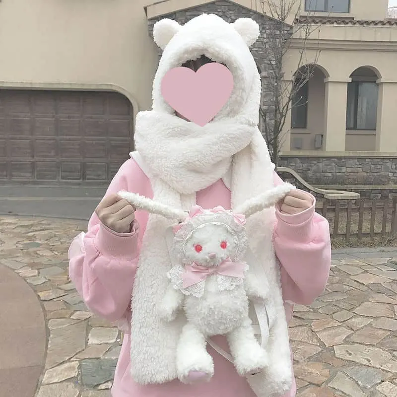Warm hat scarf one hooded bib female winter imitation lamb hair Japanese thickening cute bear ears tide winter warmth artifact