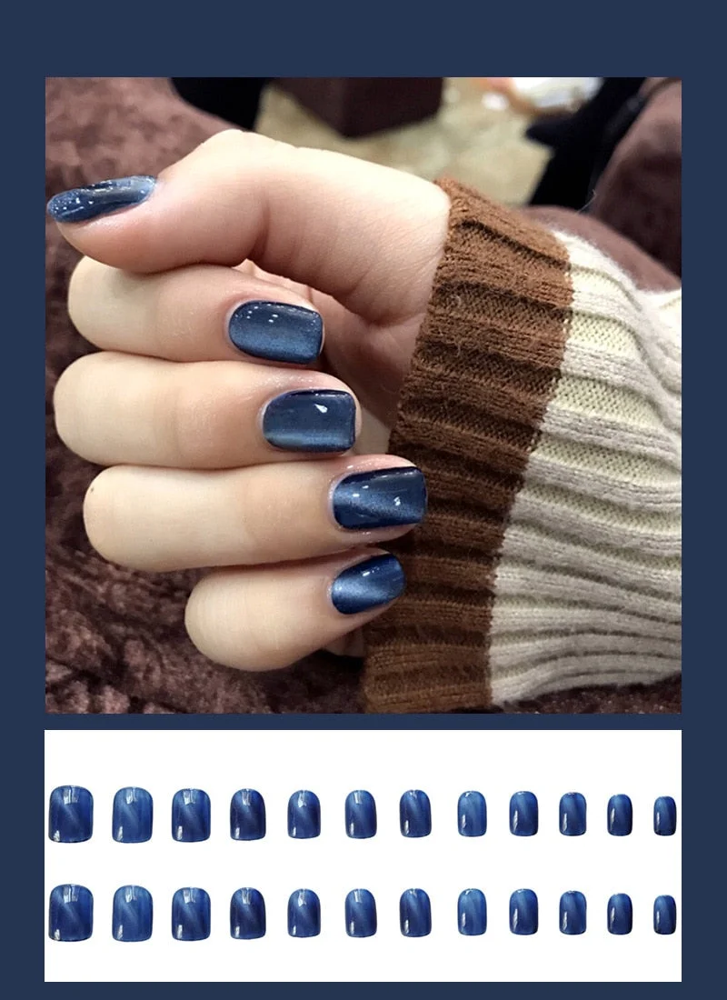 24pcs Blue Galaxy Fake Nails Cat Eye Ballet False Nail Slide Round Nail Tip Extension Press On Nails Literary Manicure Beauty