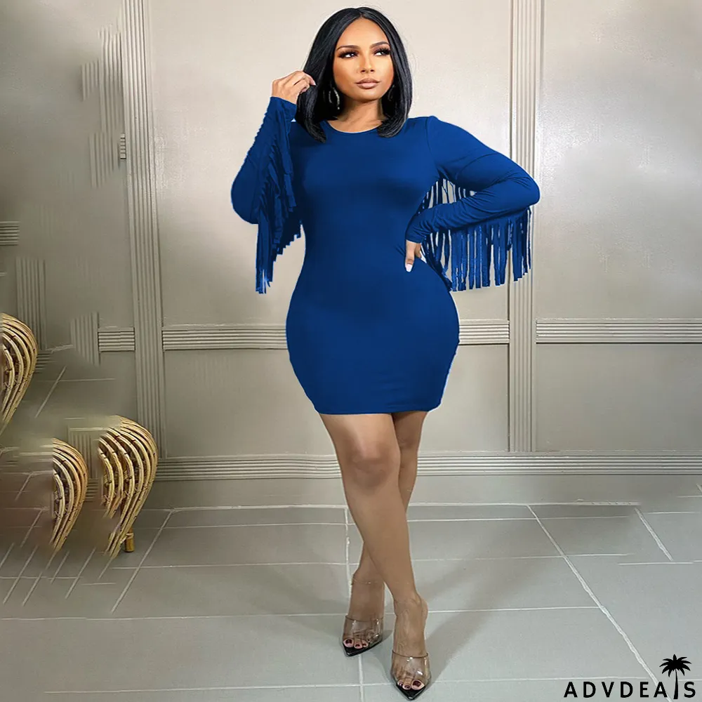 Plus Size Solid Tassel Long Sleeve Mini Dress