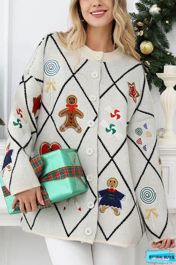 Argyle Candy Gingerbread Man Embroidered Button-knit Cardigan