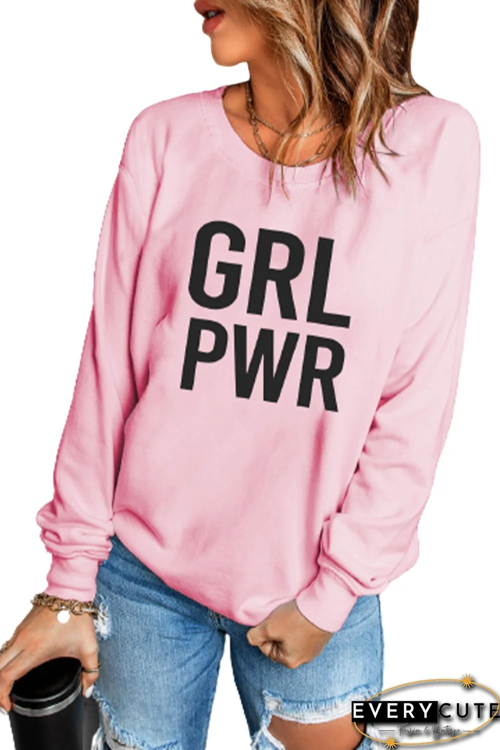 Pink GRLPWR O-neck Long Sleeve Pullover Sweatshirt