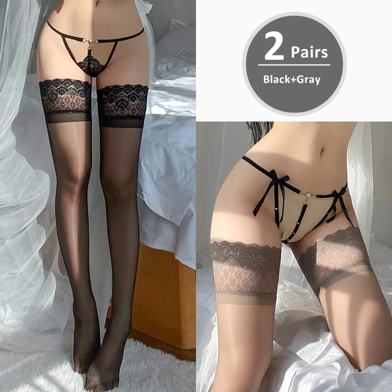 2PCS/Set Sexy Over Knee Peacock Pattern Lace Sheer Stockings Oil Shiny Stretch Thigh High Hold Up Anti Slip Design Fashion 2021