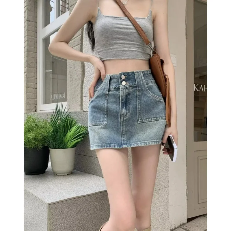 Ueong Girls Retro Denim Skirt Half-Length Skirt Women's Summer New A-Word Half Skirt High Waist Short Hip Skirt