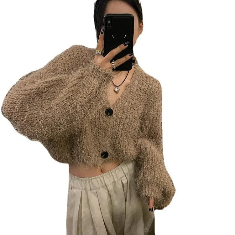 Uveng Early Autumn New V-Collar Short-Style Knitted Cardigan Women's Lazy Style Loose Fashion Foreign Style Sweater Coat